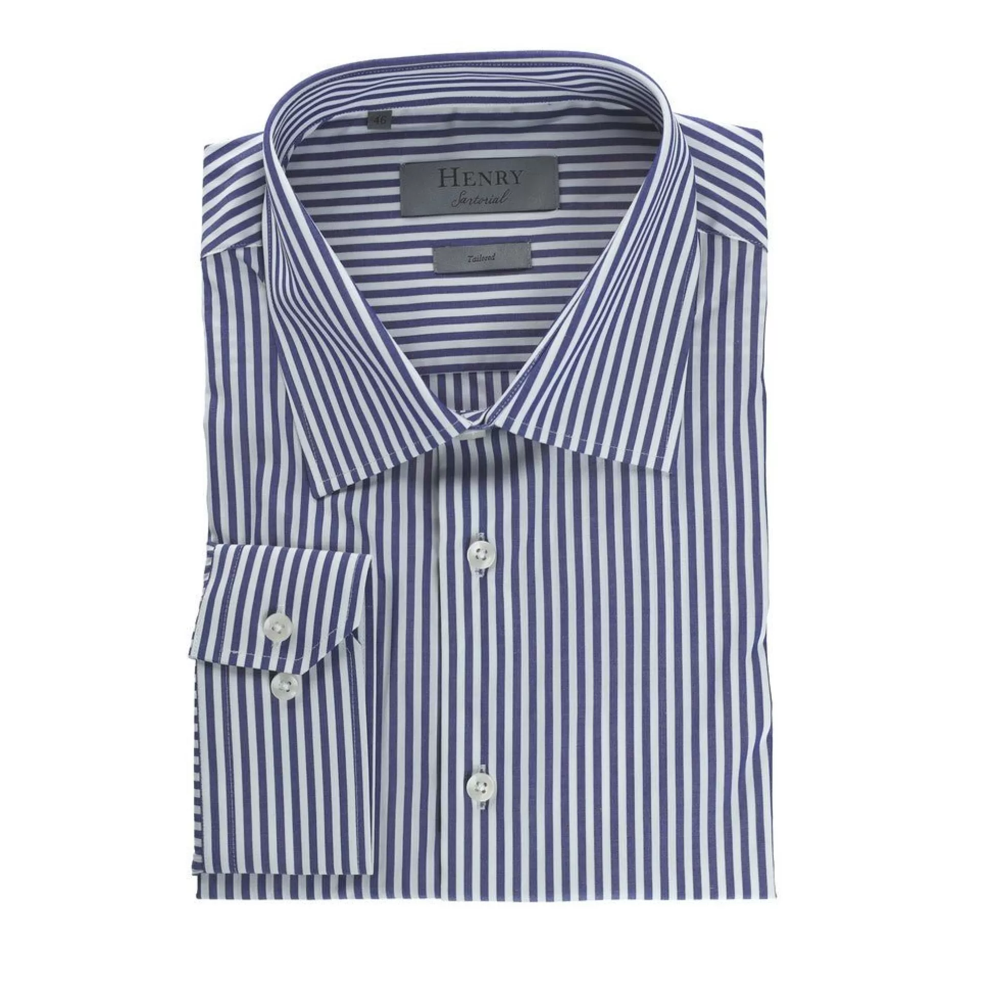 Clearance Henry Bucks HENRY SARTORIAL White Collar Single Cuff Cotton Shirt WHITE/NAVY WHITE/NAVY SC