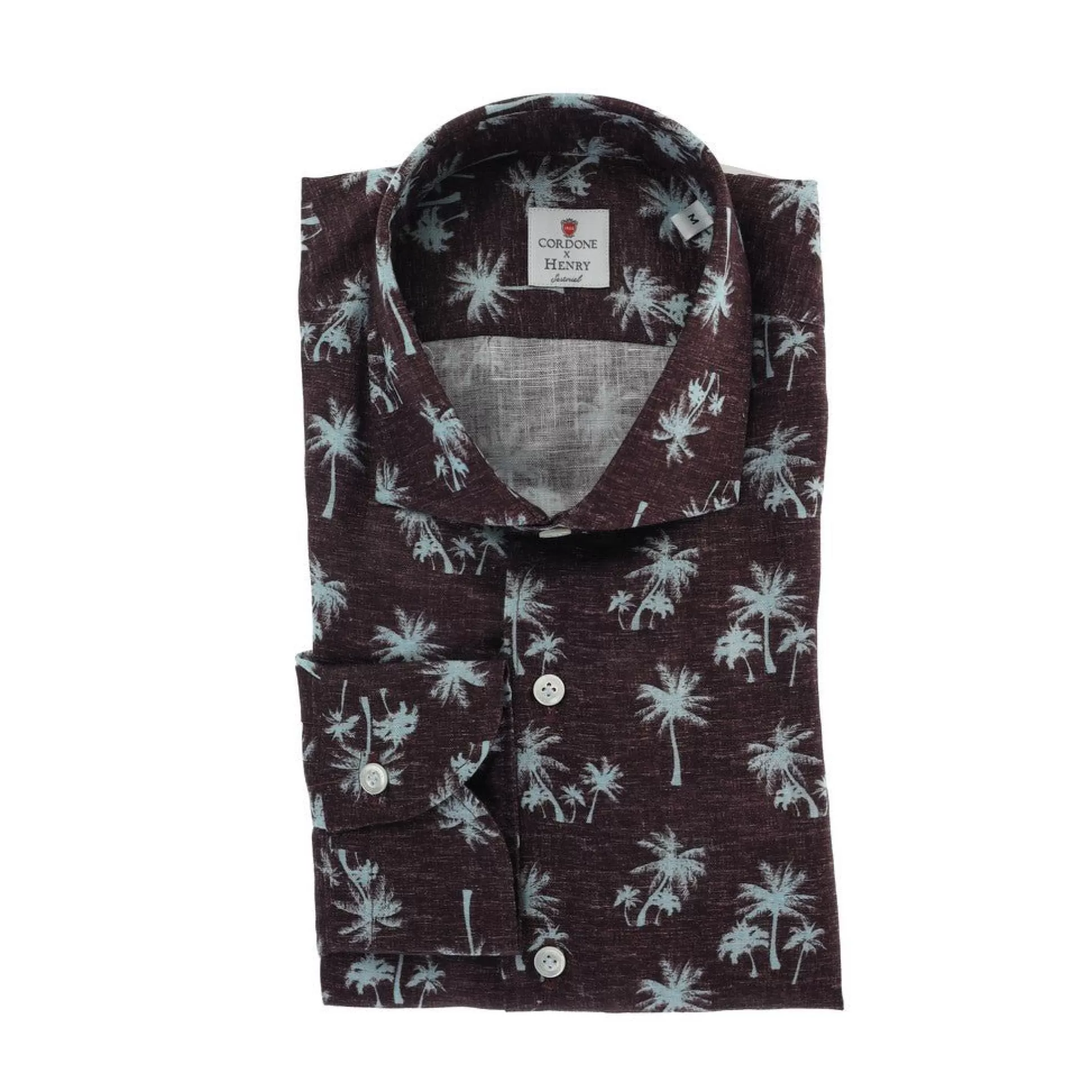 Shop Henry Bucks HENRY SARTORIAL X CORDONE Printed Linen Shirt BLACK BLUE