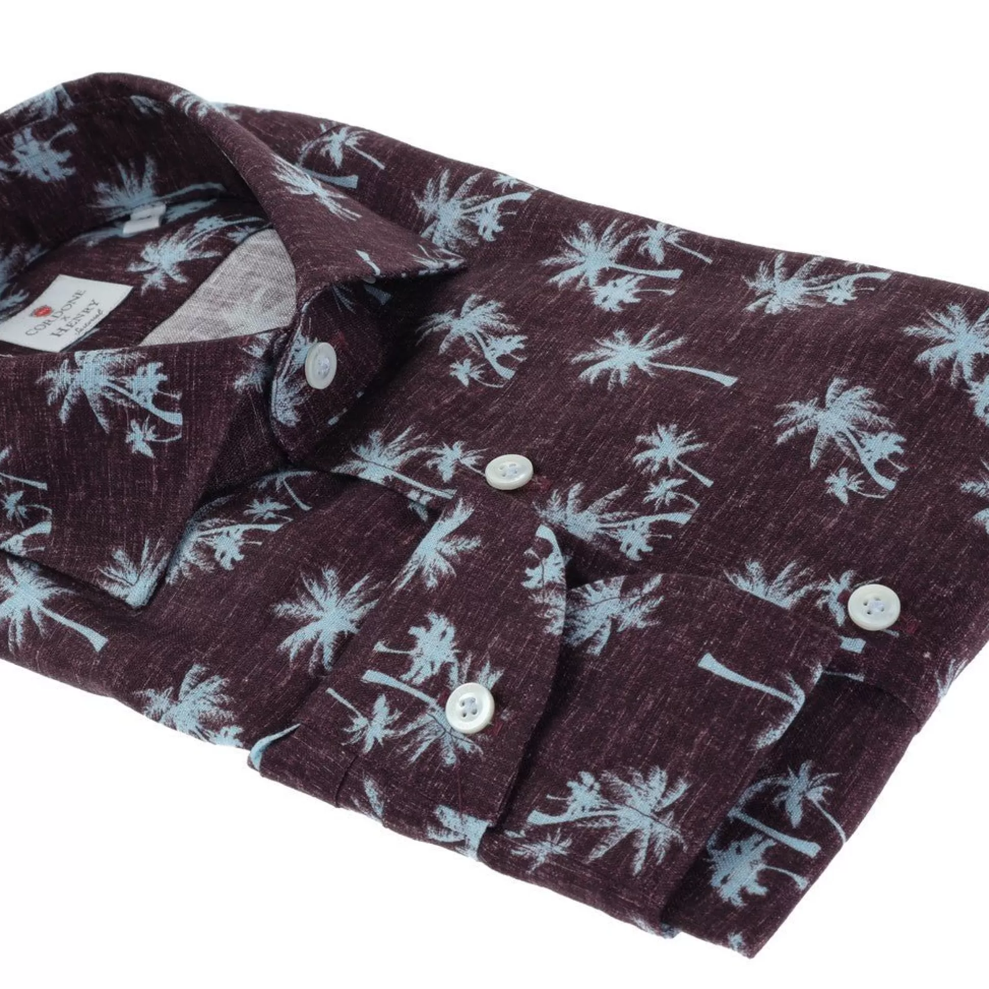 Shop Henry Bucks HENRY SARTORIAL X CORDONE Printed Linen Shirt BLACK BLUE