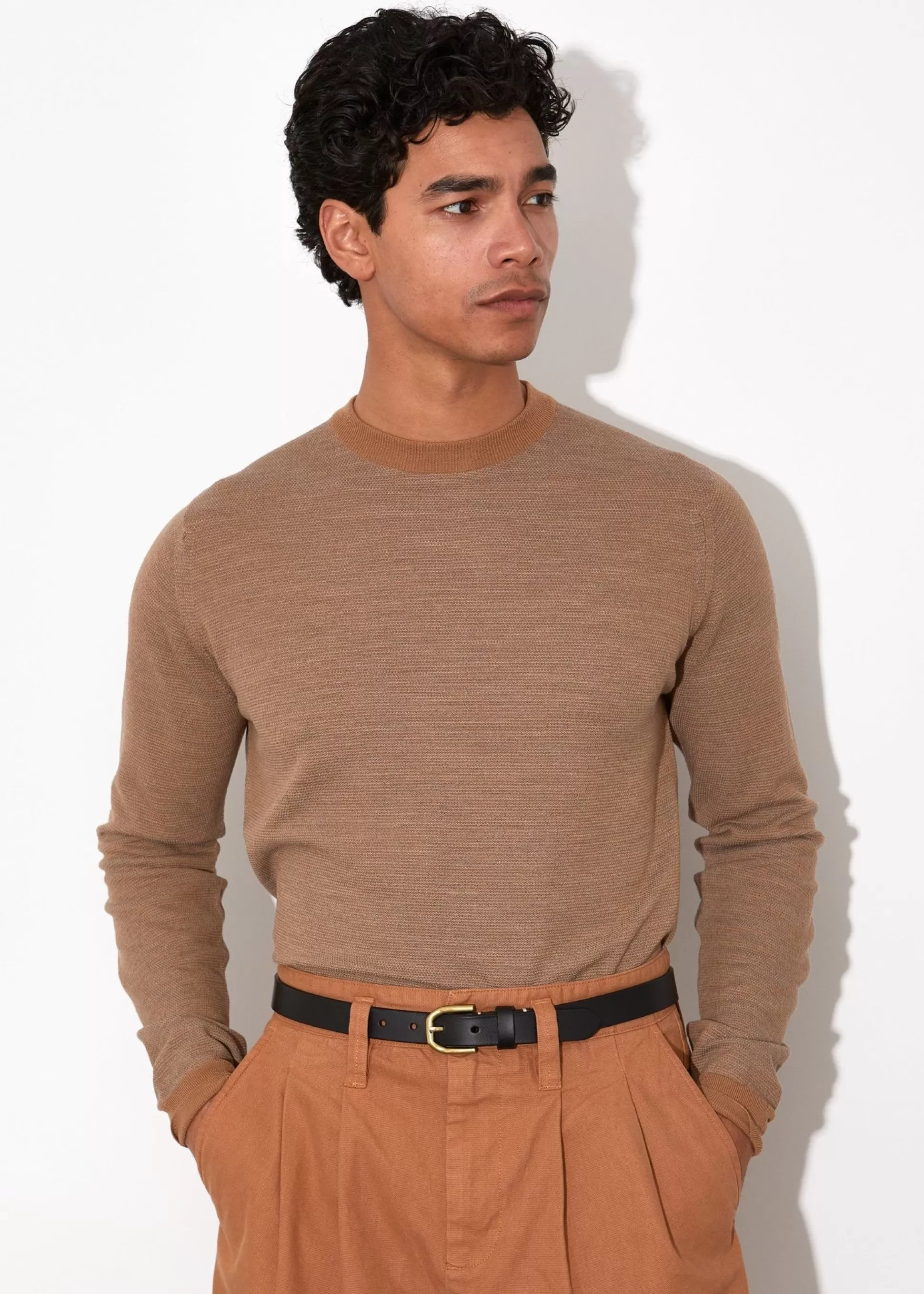 Hot Henry Bucks JOHN SMEDLEY Textured Wool Crewneck Jersey NUTMEG