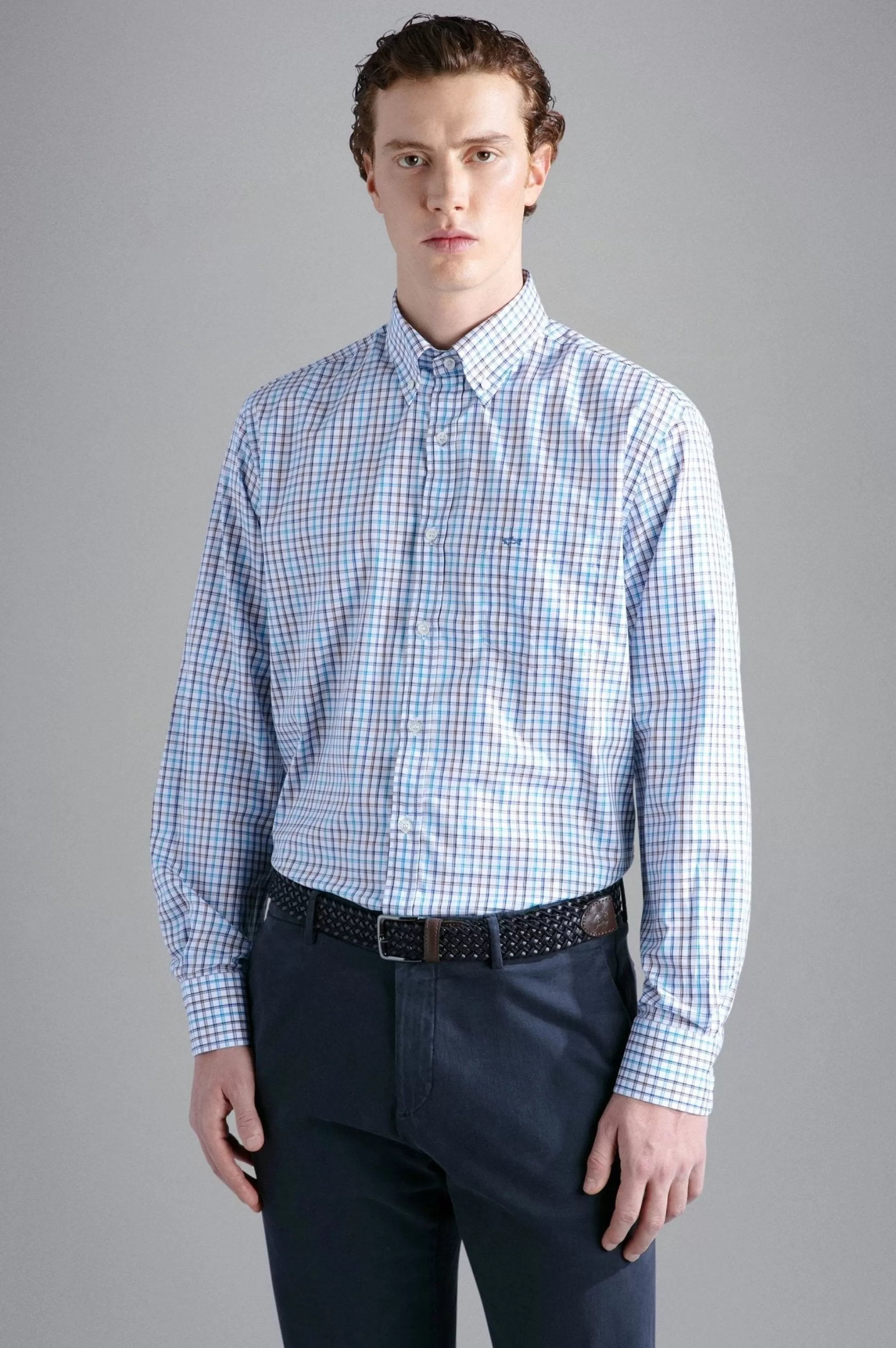 Best Henry Bucks PAUL&SHARK X Long Sleeve Twill Check Shirt BLUE/TAN/WHITE